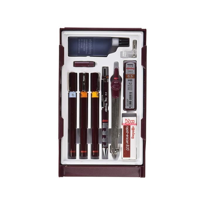 Rotring Set Master, 1 porte-mine Tikky 0.5 + 3 stylos Isograph 0.2 - 0.4 - 0.6 mm, 1 gomme B20, 12 mines HB, 1 flacon d'encre 23 ml,