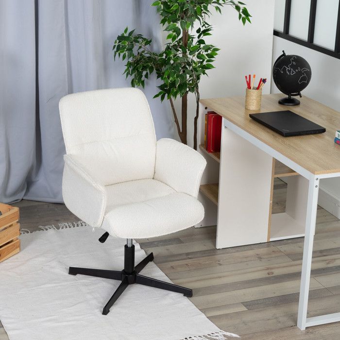 meubles cosy fauteuil de bureau ergonomique, chaise de bureau en tissu bouclette blanc, pivotante à 360°, hauteur réglable