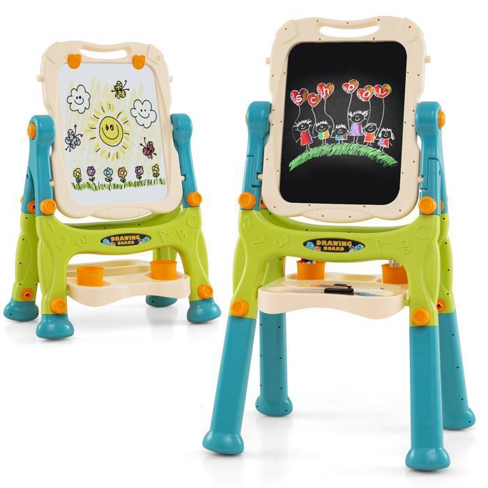 COSTWAY – Chevalet Enfant Forme De Glace Avec Chaise – Magnétique, Hauteur Réglable, 5 Marqueurs, 16 Aimants