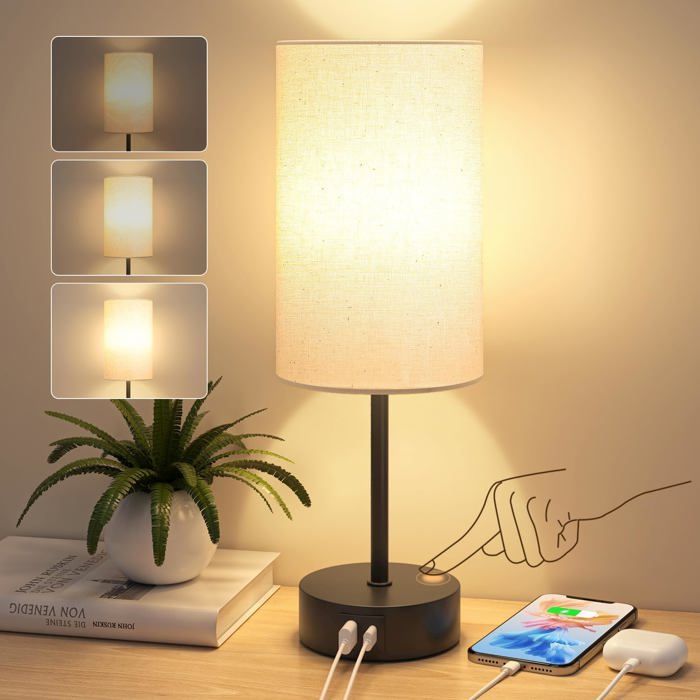 Lampe de chevet - KCVV - Tactile USB-C/A - Abat-jour lin réglable - 3 tons - Classe B