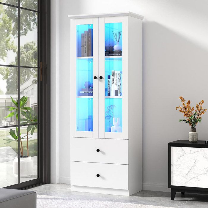 Vitrine moderne à LED blanc mat hauteur 165 cm avec port USB télécommande 16 couleurs avec 2 tiroirs étagères réglables