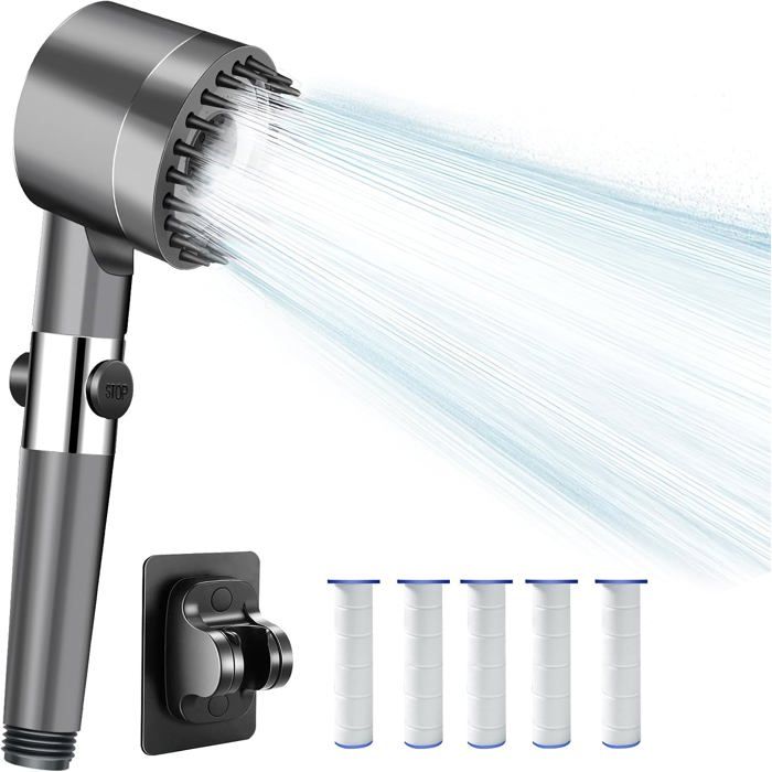 Pommeau de Douche Haute Pression, avec Tuyau Douche 1.5M et Support de Douche, 4 Types de Jets avec Bouton D'arrêt D'eau, Gris - Bricolage Pommeau de Douche Haute Pression, avec Tuyau Douche 1.5M et Support de Douche, 4 Types de Jets avec Bouton D'arrêt D'eau, Gris - Bricolage