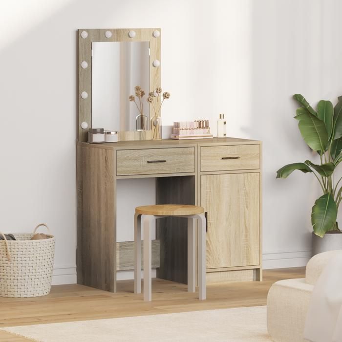 Coiffeuse avec LED noir 90x50x132,5 cm bois d'ingénierie - Coiffeuse