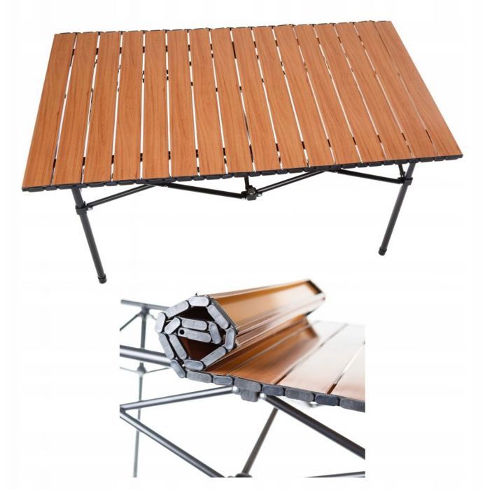 Tristar TABLE DE CAMPING PLIANTE PLATINET PLATEAU ENROULABLE 93 x 54 x 50 cm COULEUR BOIS PIEDS NOIRS [45963]
