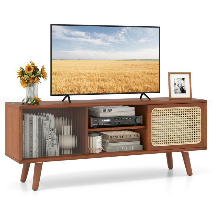 Meuble TV COSTWAY Style Campagne pour TV 55 - 4 Compartiments 4 Pieds en Bois 2 Portes Coulissantes en Cannage Verre Trempé