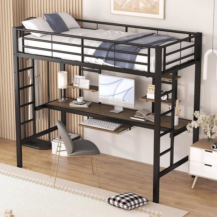 Lit cabane Enfants lit superposé Enfant antichute avec Bureau et Deux étagères pour Enfants Adolescents et Adultes 90x200cm Noir