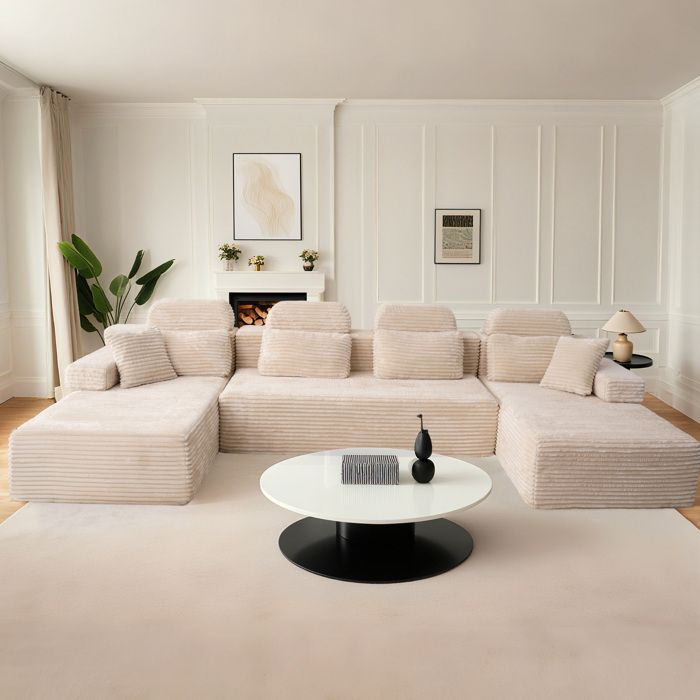 Canapé modulaire super grand en U avec 2 méridiennes confortable en velours côtelé mousse à mémoire de formesans assemblage beige