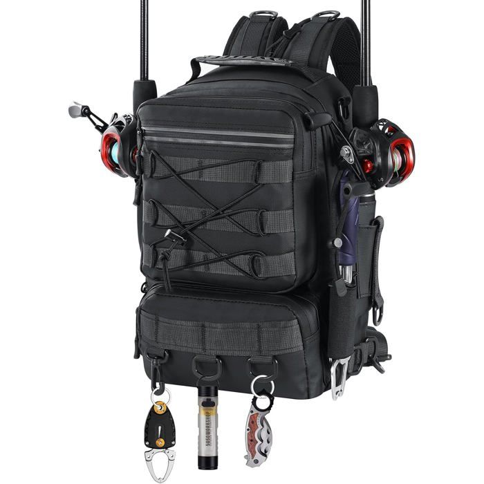 MoKo Sac à dos de pêche imperméable avec support pour 2 cannes et multiples poches – Noir