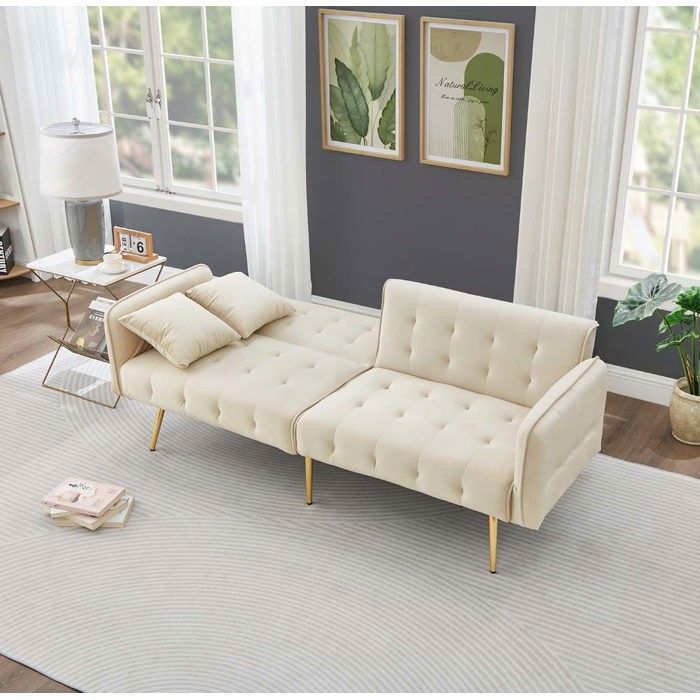 Canapé-lit - Convertible 2 places - Dossiers réglables - Velours beige - Couchage 80x200 cm