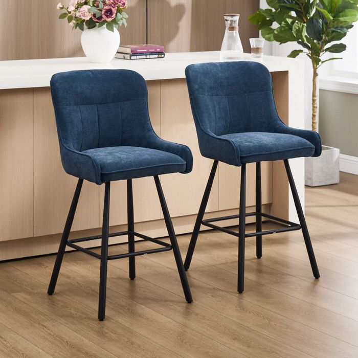 Ya-home Tabouret de Bar Lot de 2 Chaise de Bar avec Pieds Métal en Chenille Tabouret Haut Cuisine Moderne pour Bar et café Bleu