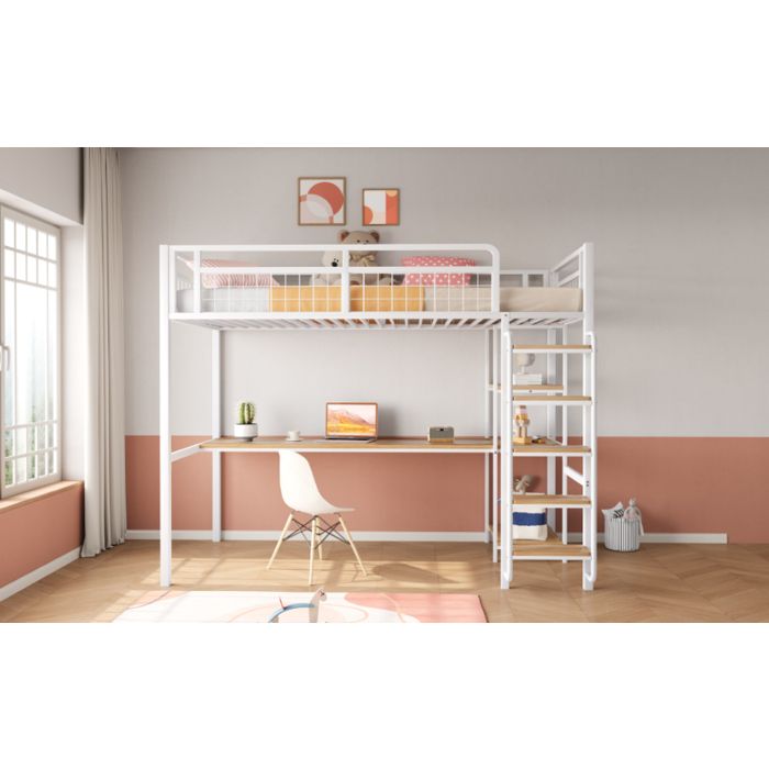 Feuille épaissie Lit haut en métal 90*200 cm escalier de sécurité avec escalier lit simple lit denfant avec table et étagères