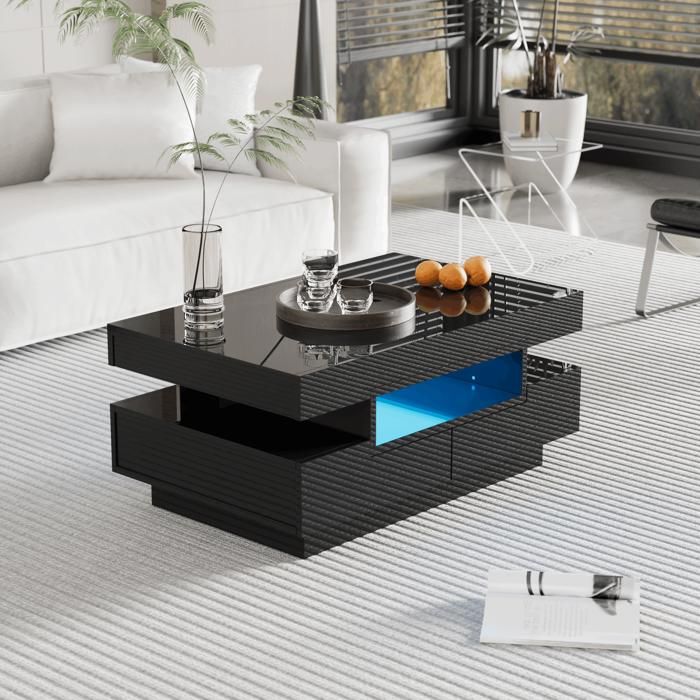 Table Basse Rectangulaire 80x50x36 cm - Finition Laquée Brillante - 4 Tiroirs Cachés + 3 Niches Ouvertes - LED Ambiante Réglable
