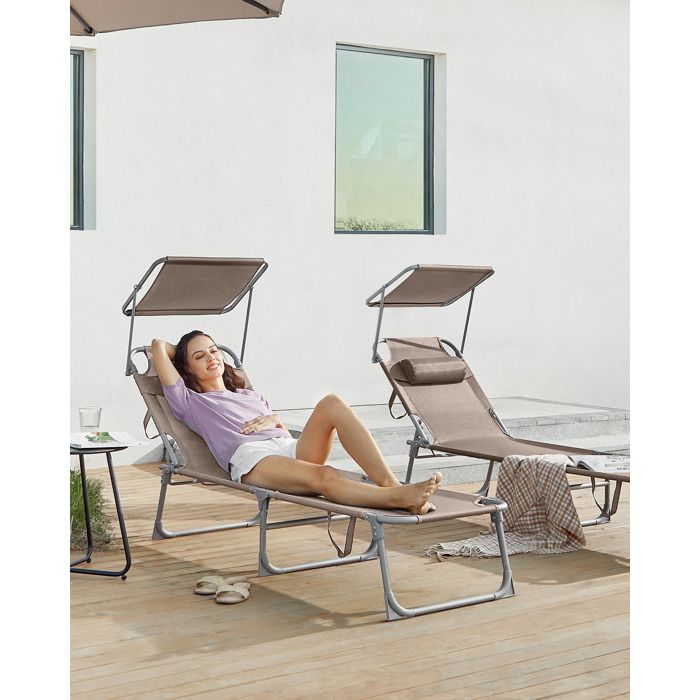 Chaise Longue Lot de 2 Bain de soleil 193 x 53 x 29 cm avec Appuie-tête Pare-soleil et Dossier Réglable Taupe Chaise Longue Lot de 2 Bain de soleil 193 x 53 x 29 cm avec Appuie-tête Pare-soleil et Dossier Réglable Taupe