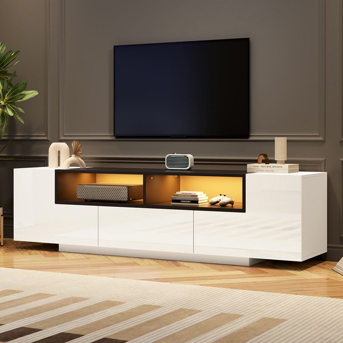 Meuble TV sur pied - N625P304524W - Blanc brillant - Éclairage LED Bluetooth (app) - Pour TV jusquà 75 pouces