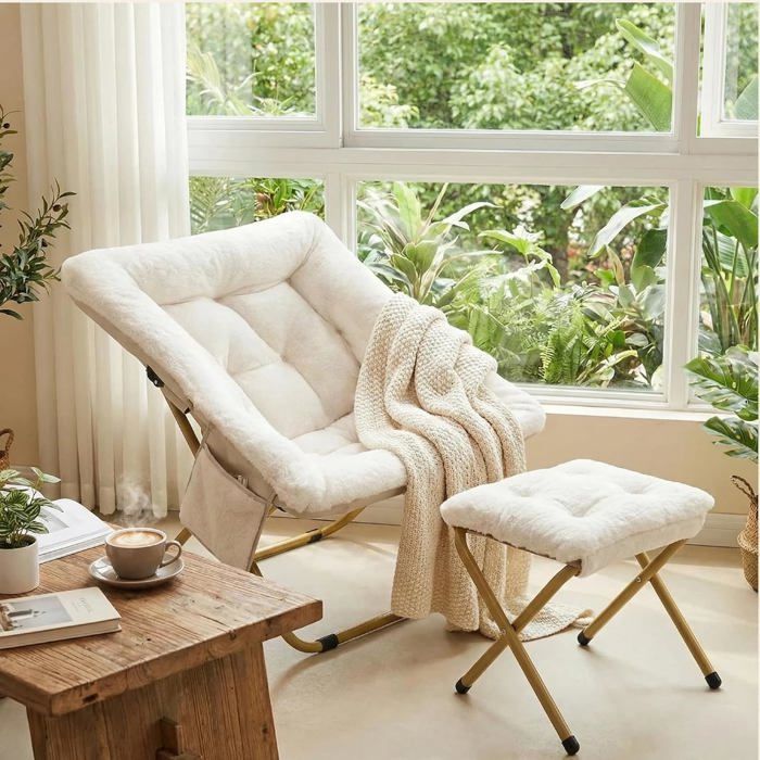 Fauteuil relax avec tabouret Fauteuil salon pliable métal pour salon chambre à coucher-(Beige)