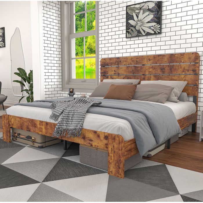 ULEVR lit double 140 x 200 cm marron avec tete de lit haute sommier a lattes metalliques MDF et metal