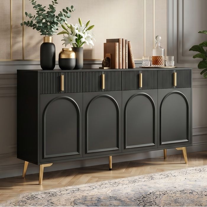 Buffet Sideboard Noir Ébène 140x38x82cm 4 Portes dArmoire avec Étagères Amovibles 4 Tiroirs Coulissants Bahut Séjour Élégant