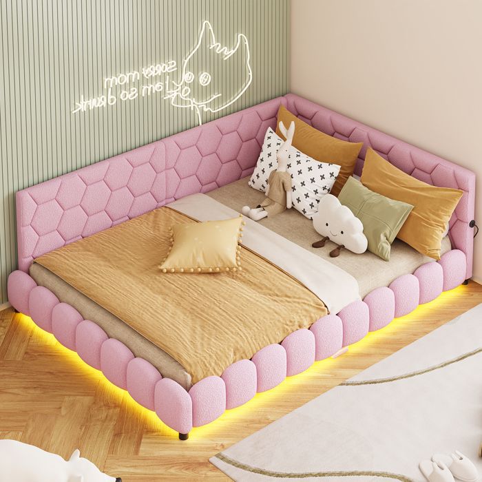 Canapé lit -140x200cm - lit double - canapé-lit LED pour salon - bande lumineuse sur tout le pourtour et 2 ports USB -molleton- Rose