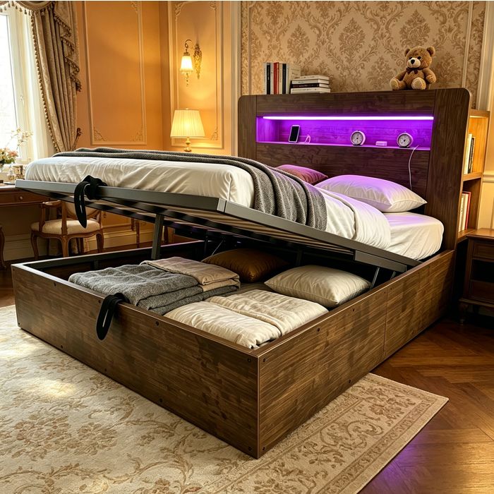 Lit coffre 140x200 cm en bois avec sommier relevable hydraulique LED prises intégrées et tête de lit rangement
