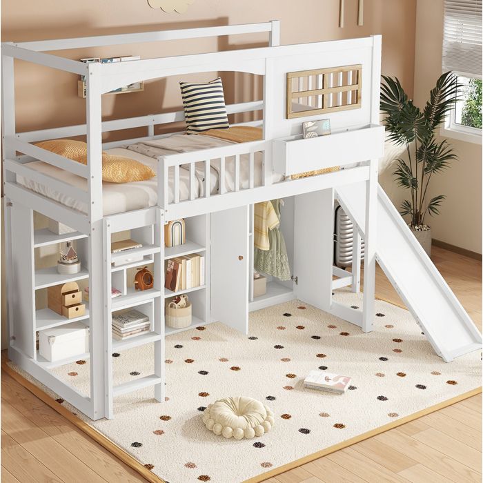 MEUBLIV Lit mezzanine enfant 90x200 cm avec toboggan armoire étagères échelle 4 marches blanc