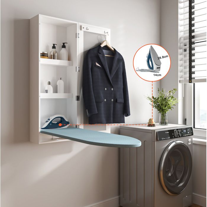 ROVRYN Armoire murale avec planche à repasser rabattable et miroir 34 x 17 5 x 94 cm MDF blanc