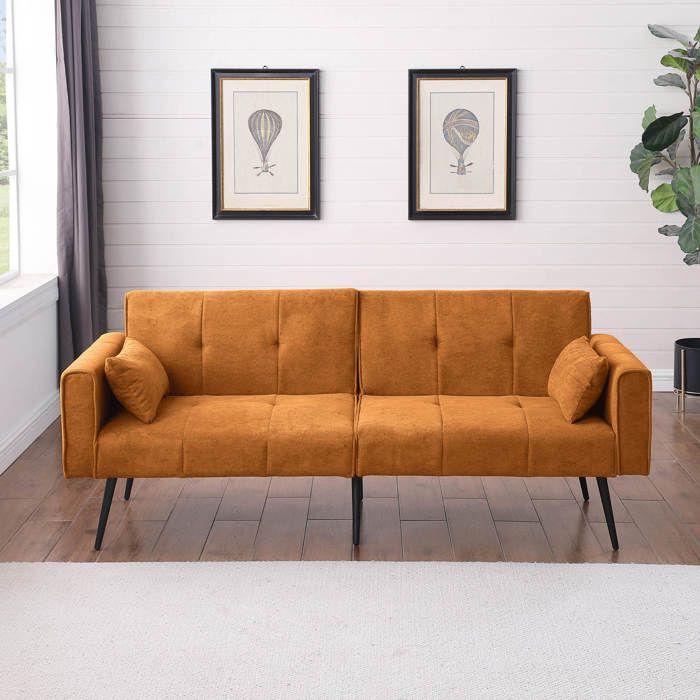 Canapé Convertible 3 Places Pliable - ELVMI - Accoudoirs Carrés Pieds Métal Velours Côtelé Orange 175 × 71 × 71 cm
