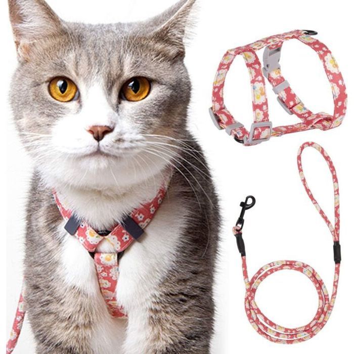 Harnais chat réglable – Motif floral japonais avec laisse 145cm – Pour promenade – S Rose