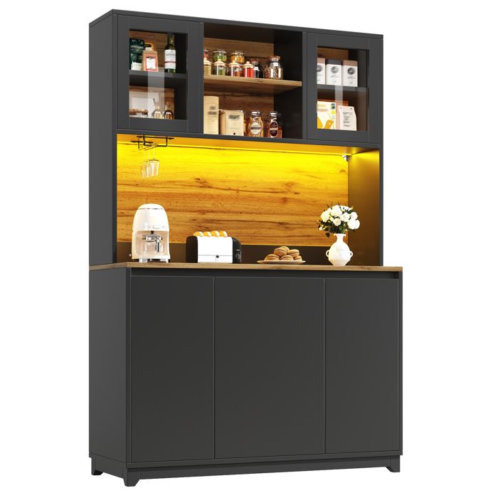 Buffet Haut de Cuisine Noir 180 cm avec LED RGB Meuble Bar à Café Portes en Acrylique et Porte-Verres