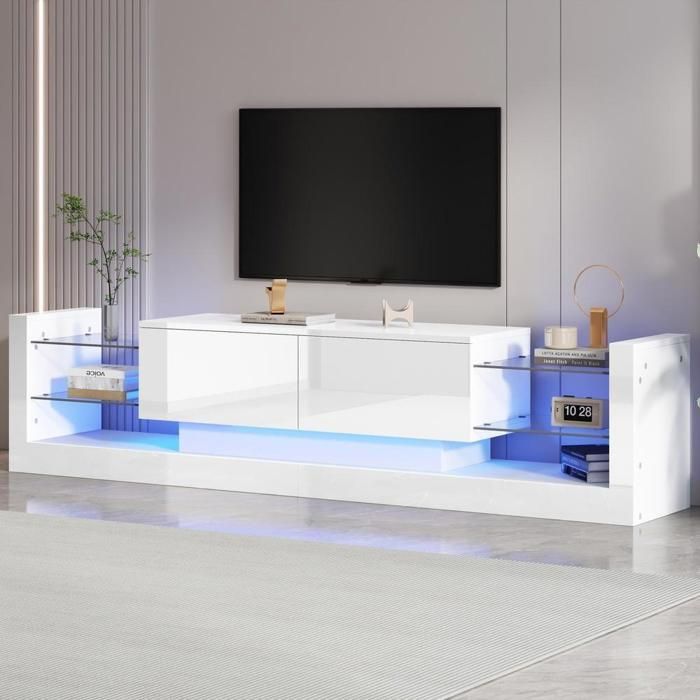 Meuble TV - KOMHTOM - 181x38x38 cm - Façade verre - LED intégré - 2 tiroirs Meuble TV - KOMHTOM - 181x38x38 cm - Façade verre - LED intégré - 2 tiroirs