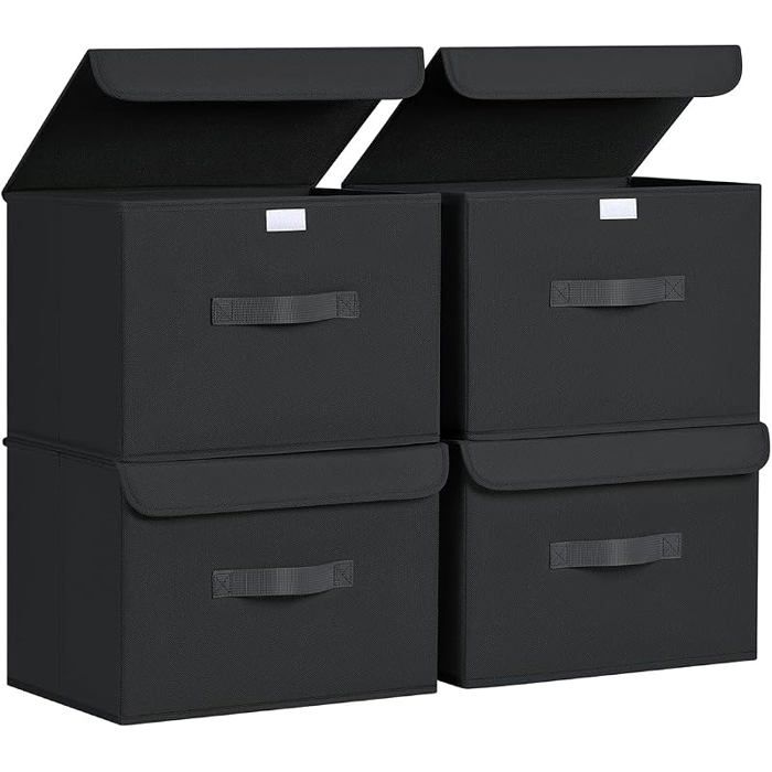 Lot de 4 Boites de Rangement Rangement de Vetement Pliable Caisse de Rangement en Tissu avec Couvercles et Poignées pour Noir