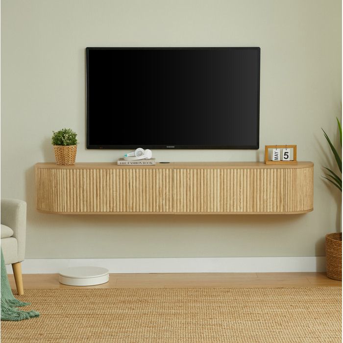 MEUBLIV Meuble TV suspendu 180 cm 2 portes passe-câbles aspect bois naturel