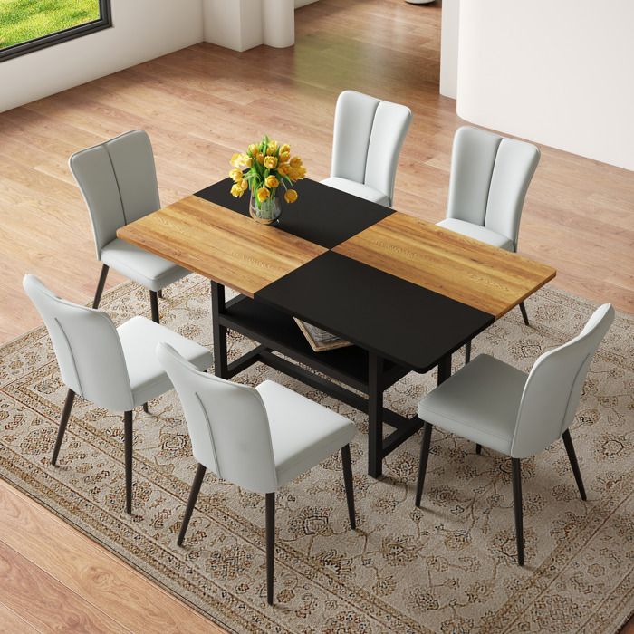 Ensemble table et chaises - ZEVKOR - Table rectangulaire 6 places - Rangement intégré - MDF métal & PU - Multicolore