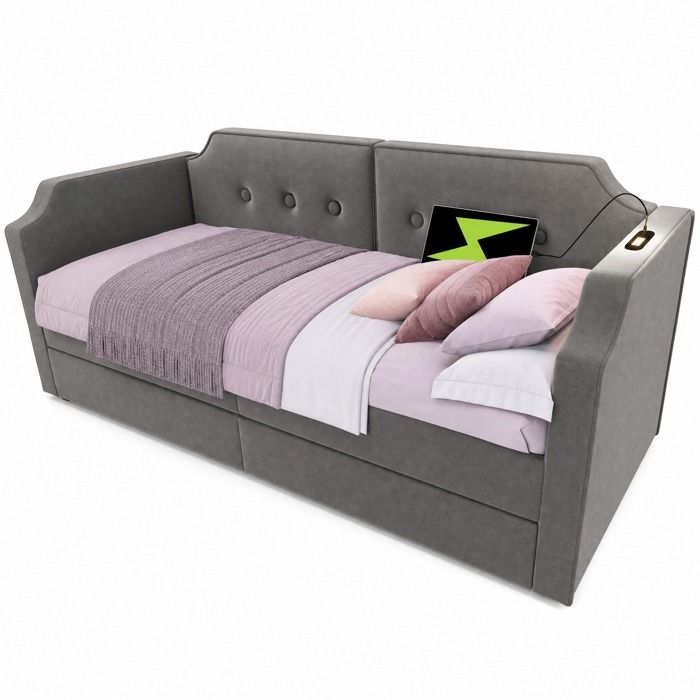 Lit rembourré gris 90x200 cm avec USB Type-C lampe de lecture 2 tiroirs sommier à lattes velours FOLYNA