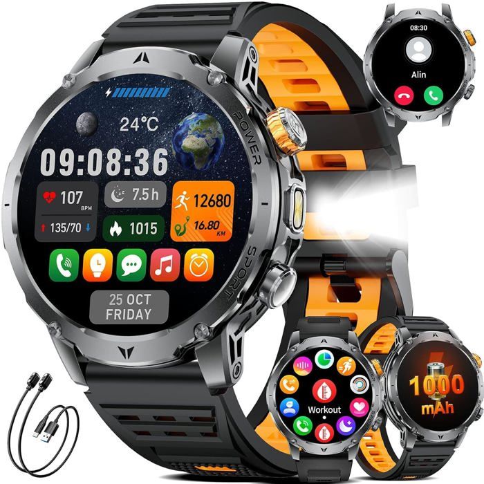 Montre Connectée Homme avec 100mAh/1 7 HD Grand Écran/LED Lampe Smartwatch Homme avec Moniteur de Fréquence Cardiaque Orange