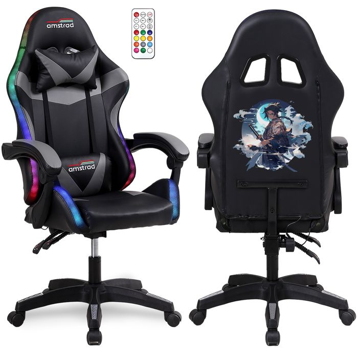 AMSTRAD AMS-900-LED-SAMURAI - Fauteuil gaming noir et gris - Serigraphie ""SAMURAI"" - Eclairage LED 366 effets - T&eacute;l&eacute;commande