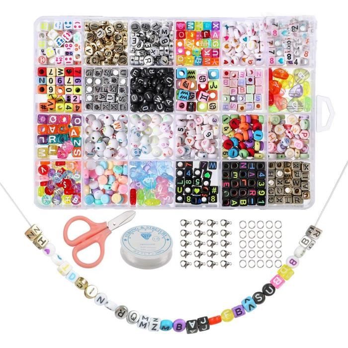 TOAOB Lot De 1 000 Perles Rondes Argentées En Acrylique Avec Lettres De L' Alphabet De A à Z Avec Cordon élastique Pour La Fabrication De Bijoux, Bracelets, Colliers, Porte-clés