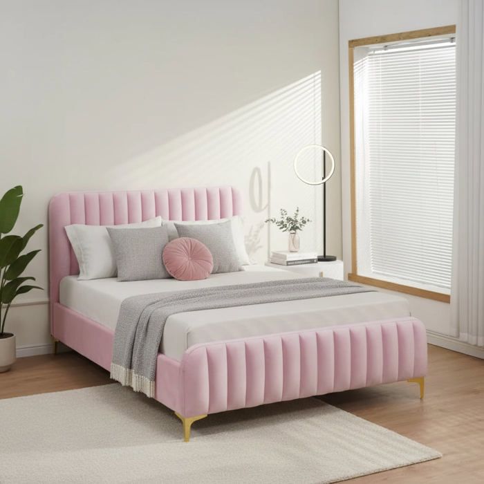 Lit 2 places velours rose sommier inclus 160x200 cm FAYE