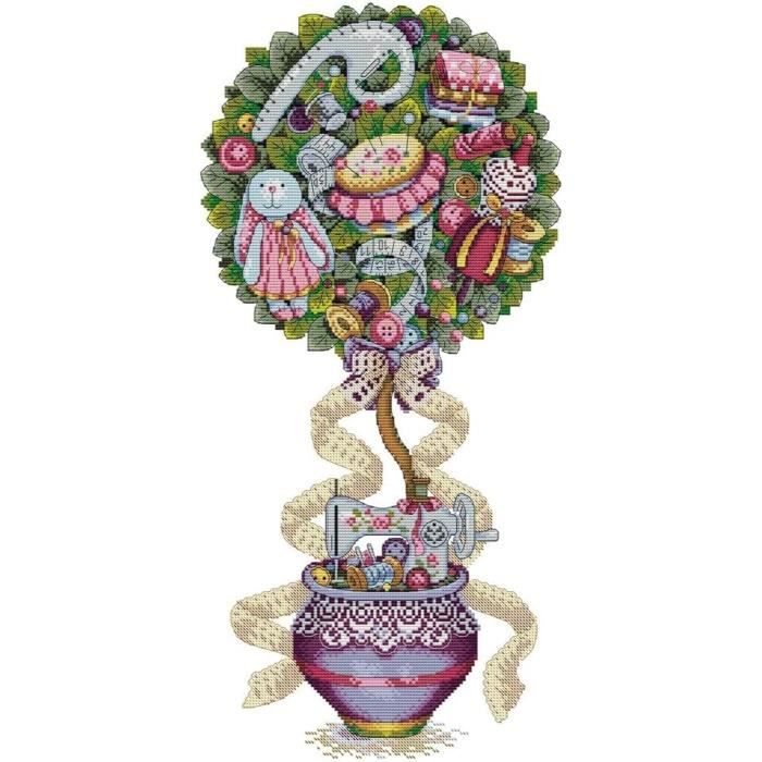 Point De Croix Kit Complet Estampé, Arbre À Outils De Couture Estampillé 14Ct 2 Brins 32×57Cm