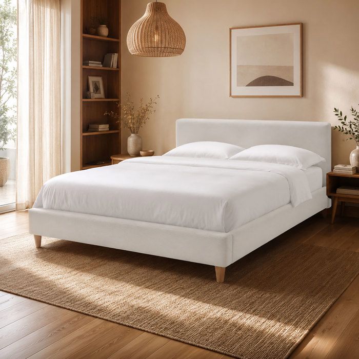 Lit 140x190 cm avec tête de lit en velours côtelé beige et pieds bois