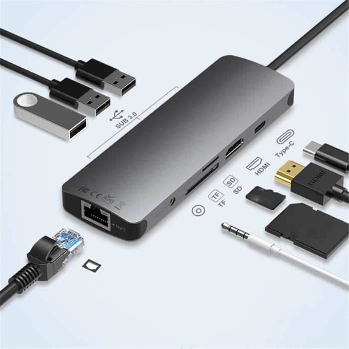 USB Type C Hub 9 en 1 USB C à HDMI avec Ethernet type C SD TF audio 3 ports  USB-Jiuhe moyeu de dock Yi d'extension multifonction - Prix pas cher -  Cdiscount