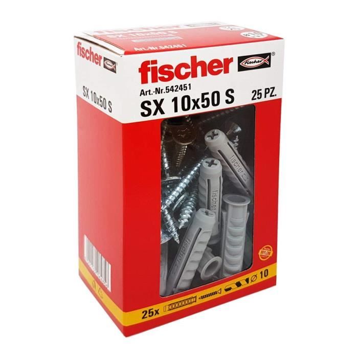 gris 10 x 50 mm Fischer 542451 cheville avec vis gauche lot de 25 pièces 