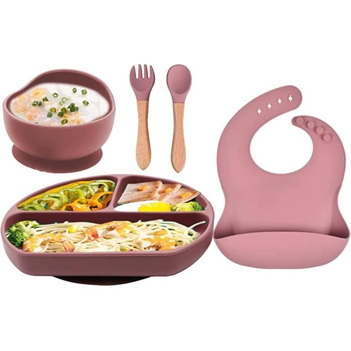 Set De Table Bébé 5 Pièces En Silicone Avec Ventouse - Assiette, Bol, Bavoir, Cuillère Et Fourchette, Vert Éléphant - 3