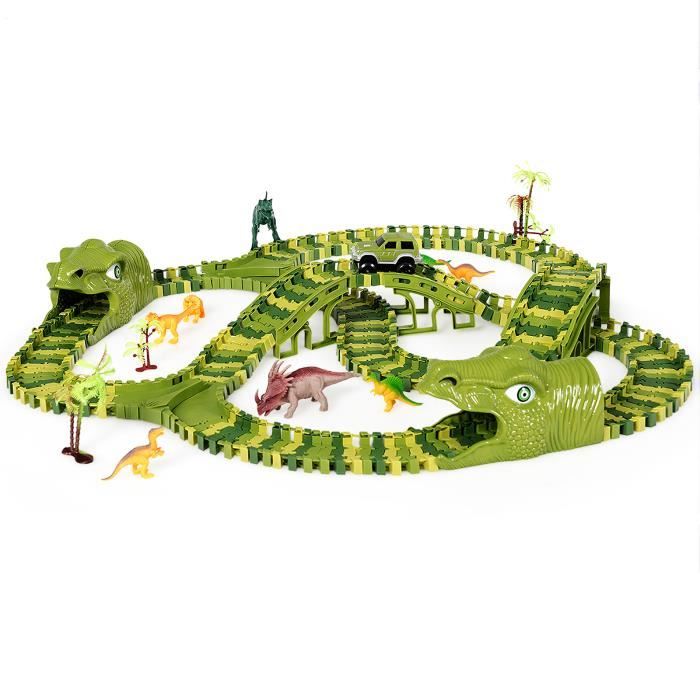 DREAMADE Circuit Voiture Dinosaure Flexible, Piste de Voiture Verte avec 240 Pièces, Jouet Éducatif, Idéal pour Enfant de 3 Ans+