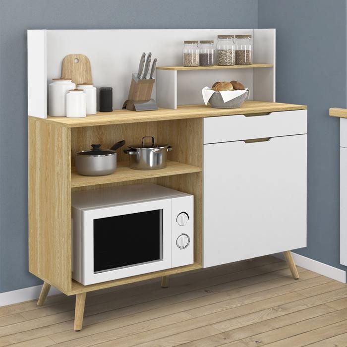Buffet Bas De Cuisine VITO 120 Cm Blanc Et Bois - 1 Porte + 3 Tiroirs, Plan De Travail à 83 Cm - Rangement Optimisé, à Monter Soi-même - 5