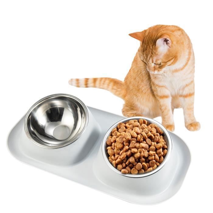 Meilleurs prix pour Double Gamelle pour Chien Chat Animal Chiot en Acier Inoxydable - 15° Inclinée double bol - Antidérapant Anti-déversement - Gris