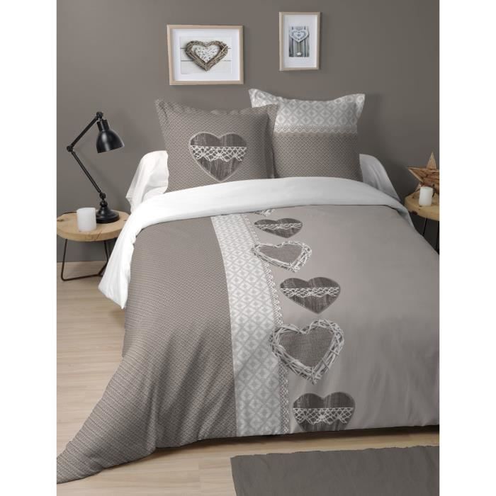 Housse de couette et 2 taies - LOVELY CASA - DULCE TAUPE - 260x240 cm - Coton 100% 57 fils - Guirlande de cœurs