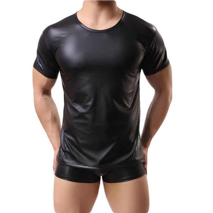 Homme à Manches Longues Col V Shirt Casual Slim Fit PU Cuir Tee Muscle T-shirts