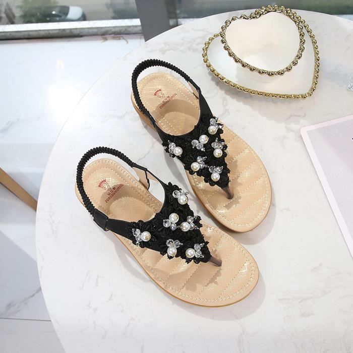 Chaussures à Perles Chinoises Bout Ouvert - Vin Rouge, Cuir, Talon Compensé, Taille 39