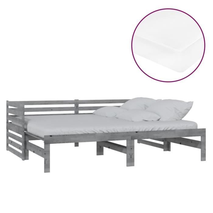 Lit Canapé VidaXL Pin Massif 90x190/200cm Avec Matelas Gris - Neuf