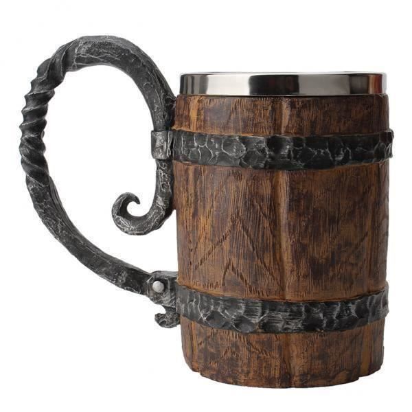 Chope à Bière 450ml Style Bois - Double Paroi Inox - Isolation Thermo - Look Rétro - Cadeau Original
